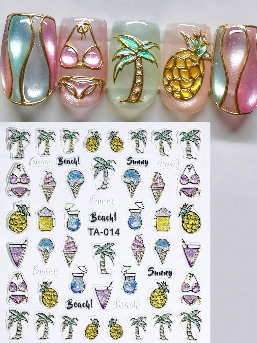 1pc 5D Jelly Sunny Beach Summer Nail Stickers Embossed Pearly Luster Vacation Style Shiny Pineapple Coconut Palm Tree Ice Cream Drink Sea Nail Art Decals DIY Wedding Nail Charms Decoration Party/Holiday Nail Supplies - Multicolor - View 1