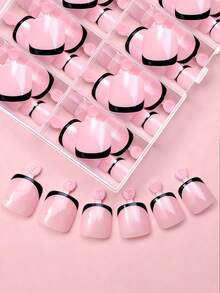 120pcs/Box Pink Square Black French Fake Toenails, Full Coverage Artificial Toenails Nail Art Supplies - Multicolor - View 2
