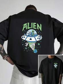 T-shirt tendance pour homme avec imprimé double face Alien Cat, idéal pour les loisirs à la maison et le fitness en plein air, un t-shirt en coton indispensable avec des motifs à l'avant et à l'arrière. - Noir - Voir 1