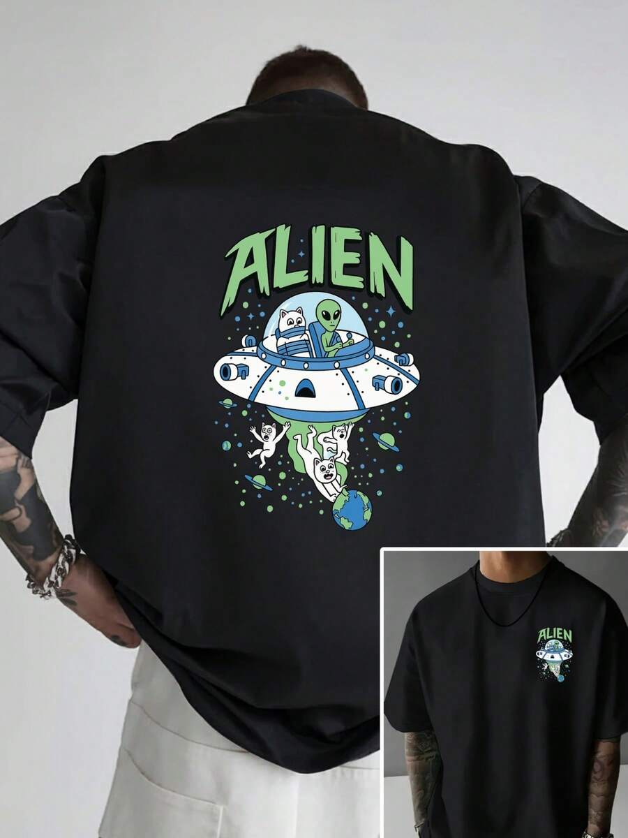 T-shirt tendance pour homme avec imprimé double face Alien Cat, idéal pour les loisirs à la maison et le fitness en plein air, un t-shirt en coton indispensable avec des motifs à l'avant et à l'arrière. - Noir - Voir 1