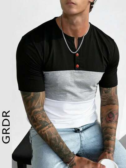 GRDR 1 pieza Camiseta de manga corta casual de cuello en V con contraste de color para hombre, nueva para el verano