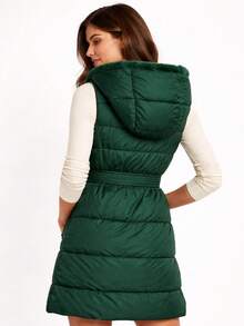 Thick Double-Sided Down And Fur Vest, Quilted 2-In-1 Vest, Fixed Hood, Insulated With Synthetic Down, Fastened With A Zipper And A Panel With Snaps, Tie Belt, 2 Open Pockets, Length To Mid-Thigh, Casual, Spring/Autumn - Green - View 3