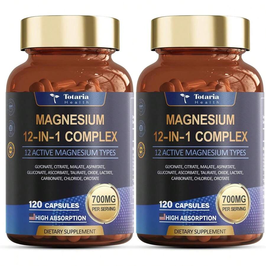Magnesium Complex 700mg 12 In 1 Magnesium Supplement With Glycinate Citrate Malate Oxide Taurate Aspartate Orotate Magnesium Relaxation,Muscle,Heart Support, Vegan 120 Capsules - 120 chiếc (Gói 2 hộp) - Xem 1