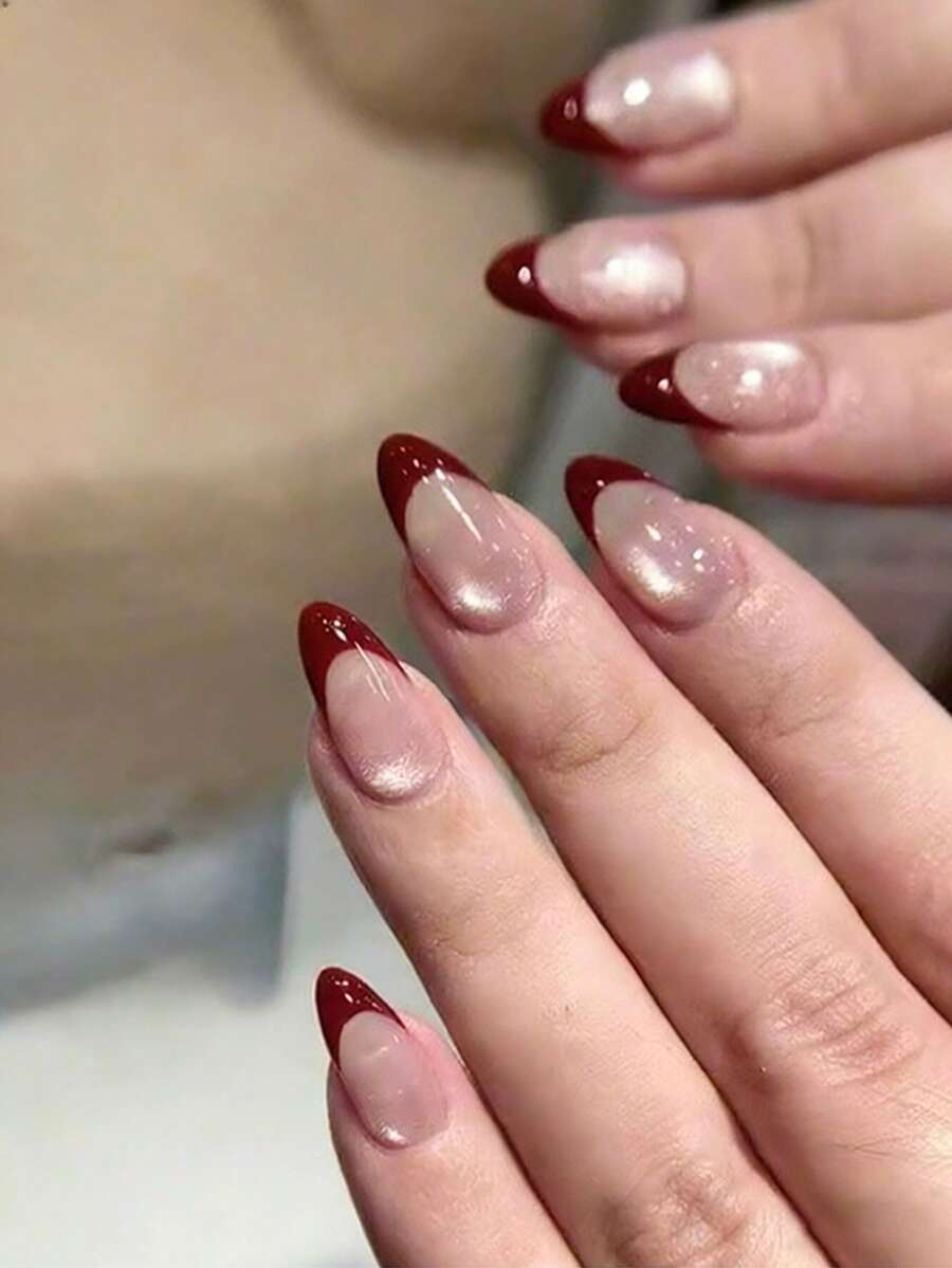 VV MEI JIA ER 24片長杏仁形紅色法式貓眼美甲貼片,法式指尖設計,完美貼合,壓克力假指甲套組,含1片果凍膠與1片美甲銼條,法式杏仁貓眼美甲藝術,適合女性日常工作與節日派對 - 彩色 - 查看 1