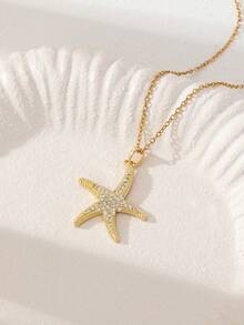 1 pieza Collar con colgante de estrella de mar con pavé de circonita chapado en oro de 18K, estilo primavera verano playa para mujer, collar de acero inoxidable para vacaciones - Colgante de estrella de mar - - Ver 2