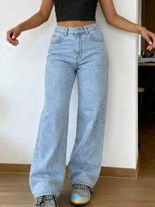 Quần jeans nữ ống đứng có túi trước, màu trơn, kiểu dáng tối giản, thích hợp mặc hàng ngày, mùa xuân. - Rửa nhẹ - Xem 4