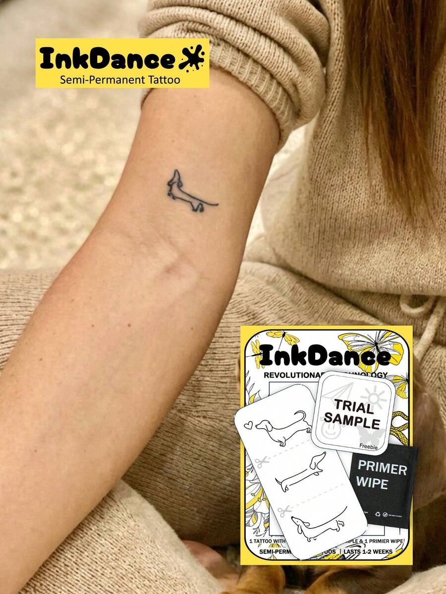1 Set "Simple Doxie Love" Tech Tattoo Stickers, Semi-Permanent Tattoo, Temporary Tattoo, Long-Lasting, Realistic Tattoo, Waterproof, Real Tattoo Effect, InkDance, Ink Dance, Plant-Based X260 - Black - View 1