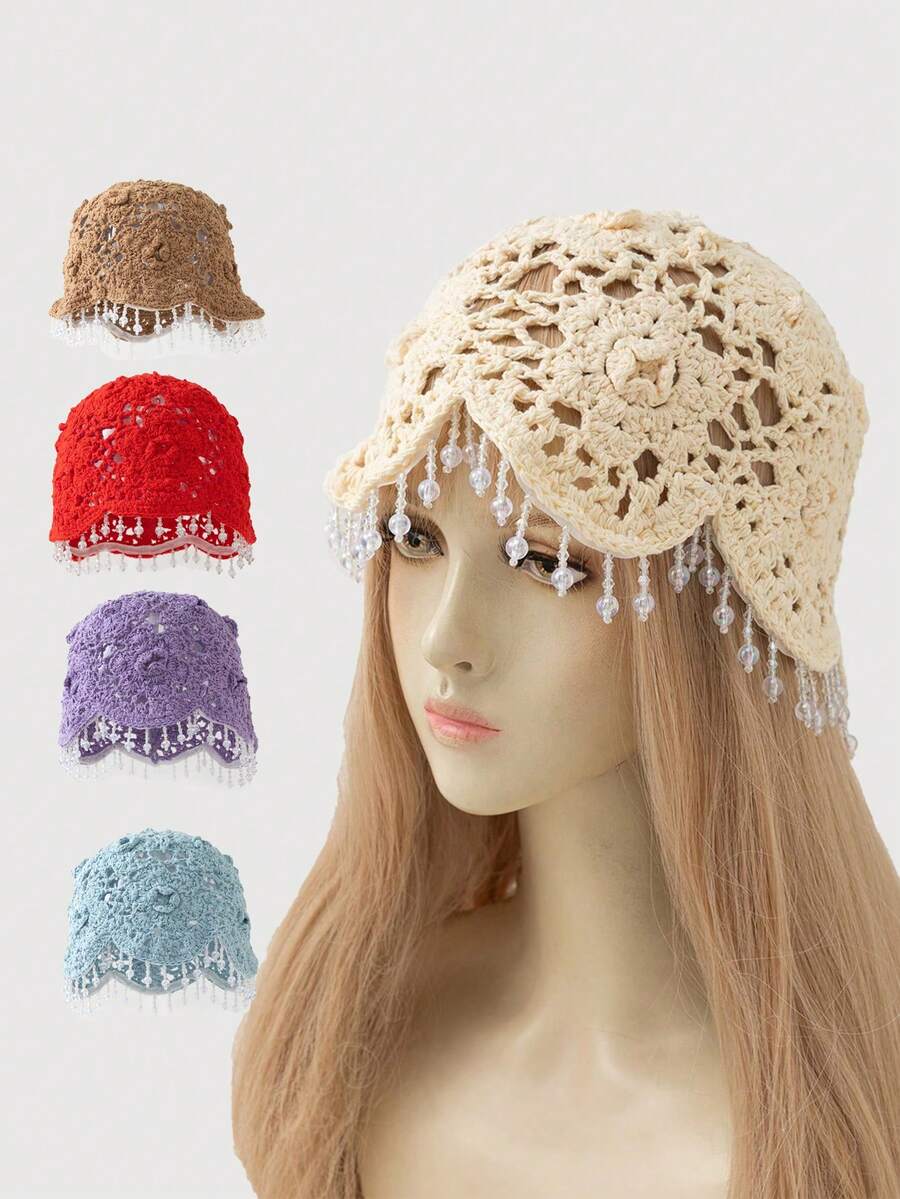 1 chiếc mũ len móc thủ công thời trang nữ đính mặt dây chuyền giả pha lê, phù hợp với trang phục thường ngày phong cách Boho đi biển. - A - Xem 1