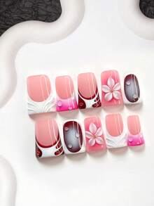 10pcs French Sweet Style Handmade Nail Art Set, Including Poly Gel Nail Kit, Handmade White 5-Petal Flower Nail Decor, Hand-Painted Solid Color Water Wave, White Texture, Water Drop Nail Decoration, 3D Floral French Style, With Nail Tools (1 Jelly Sticker + 1 Nail File). Available In Almond, Duck Mouth, And Coffin Shapes. Suitable For Dates, Vacations, And Everyday Wear Press On Nails - Multicolor - View 2