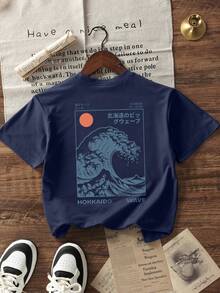 Kaos Lengan Pendek Leher Bulat Bermotif Kasual untuk Anak Laki-Laki Usia Remaja, Atasan Musim Panas - Navy Blue - View 3