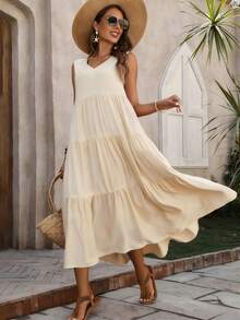Soft Apricot Sleeveless V-Neck Ruched Waist A-Line Maxi Dress - Lightweight Flowy Tiered Beach Vacation Outfit Women Summer Local Warehouse Discounts. | Prom Dresses | Dresses For Women | Dresses | Summer Dresses For Women | Elegant Dresses For Women | Vestidos Elegantes De Mujer | Dresses For Women Summer | Formal Dresses | Satin Dresses | Elegant Dress | Satin Dresses - Apricot - View 7