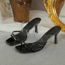 Sandalias de tacón alto para mujeres Sandalias transparentes de tiras finas con puntera abierta para mujer, con tacón fino y punta cuadrada: nuevo modelo de moda, versátiles, con tiras finas, estilo etéreo y con un aire de influencer - Negro - Ver 2