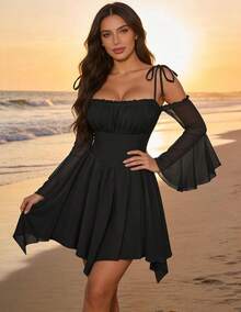 Womens Renaissance Fairy Dress A Line Boho Off Shoulder Corset Dress With Pockets - màu đen - Xem 7