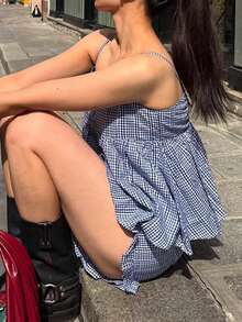 Look Polly 女士夏季蓝白格子两件套，吊带娃娃衫上衣，荷叶边短裤，波西米亚风海滩度假装 - 藍色 - 查看 7