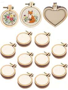 10 piezas Mini aros de bordado de madera, marcos de punto de cruz DIY para hacer colgantes y manualidades - como la imagen - Ver 12