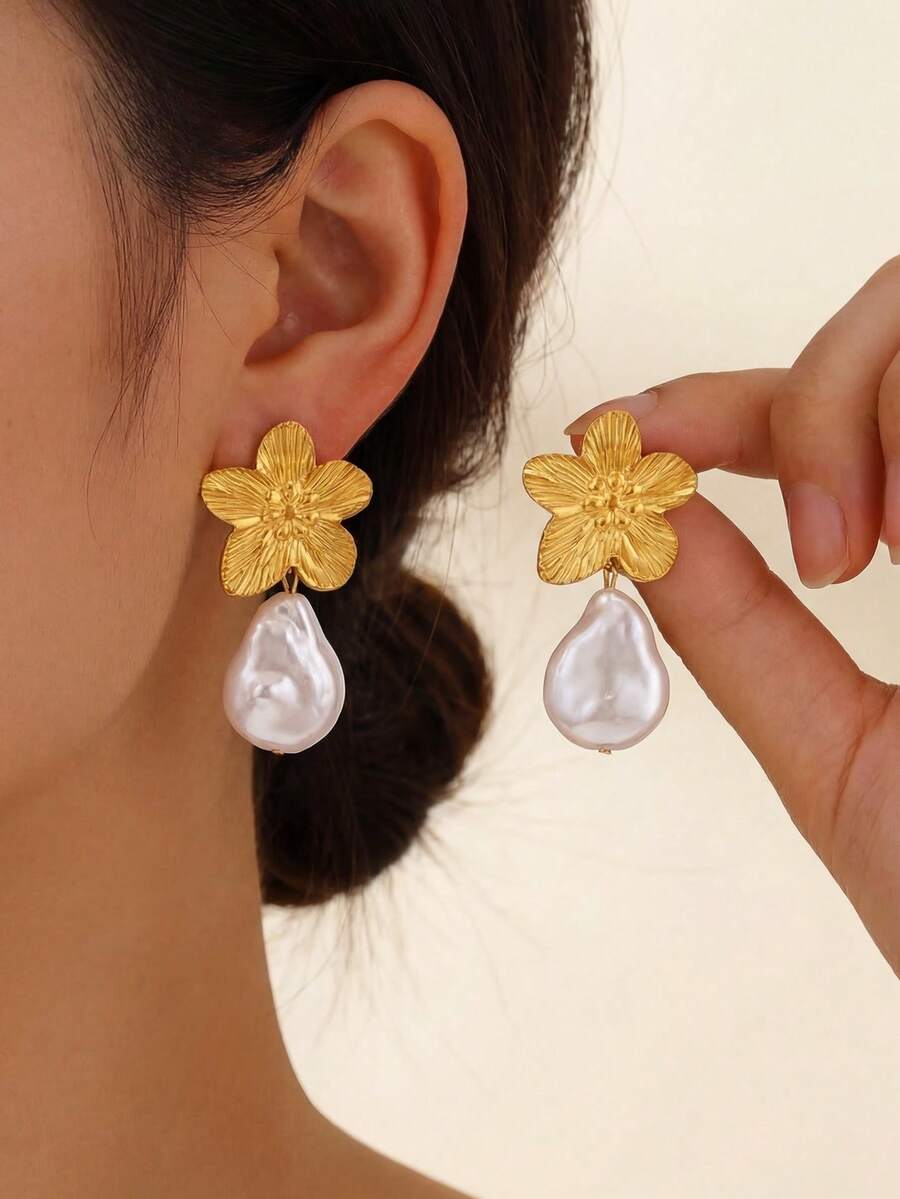 1 Đôi bông tai dáng hoa thanh lịch đính ngọc trai, bông tai ngọc trai giả kiểu Baroque, bông tai thép không gỉ dành cho nữ, bông tai nữ, bông tai cô dâu, trang sức dự tiệc cưới, quà tặng Ngày của Mẹ, quà tặng Ngày Valentine - Nhiều màu - Xem 1