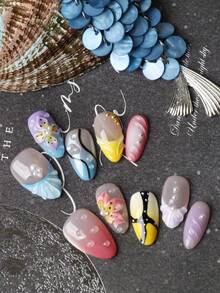 10片裝杏仁形穿戴甲 藍色法式、紅色、紫色花卉、黃色，手工假指甲人造美甲套組，含1片黏貼貼片與1個迷你指甲锉 - 彩色 - 查看 3