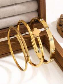 New Fashion High Quality Stainless Steel Flower Zirconia Women's Bangle Bracelet Jewelry Set, Suitable For Daily Wear - Vàng 11 - Xem 15