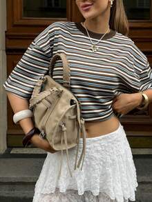 Atasan Wanita Ukuran Besar Motif Garis-Garis Warna-warni Leher Bulat Pendek Bahan Rajut Elastis Sedang Panjang Reguler untuk Musim Panas dan Kasual - Coffee Brown - View 5
