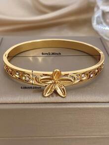 1pc Vintage Flower Link Bangle Bracelet For Women Hollow Stainless Steel Golden Bangle Bracelet For Daily Party Mother Day Valentine Wedding Music Festival Christmas Jewelry Gifts - Multicolor - View 5