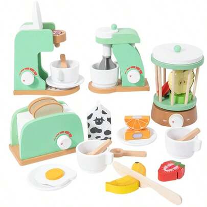 Kids Pretend Play Bread Maker & Mixer Toys, Wooden Kitchen Playset For Girls And Boys, Baking Experience And Role Play