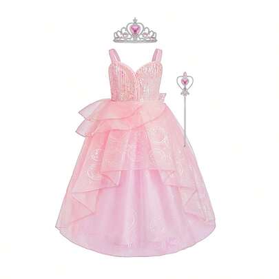 Đầm công chúa màu hồng thanh lịch cho bé gái, trang phục hóa trang Halloween, Giáng sinh, tiệc sinh nhật, kèm phụ kiện vương miện.