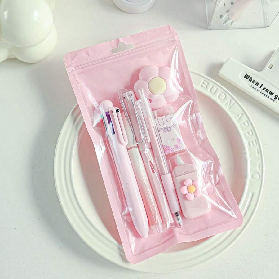 1組可愛7件組文具禮品套裝，熱門禮物，學習文具紀念品，7合1多功能文具套裝 - 4種顏色可選，點亮您的辦公時光，包含推拉橡皮擦、螢光筆、原子筆及更多工具，創意人士理想的7件組文具組合！ - 套裝 - 查看 1