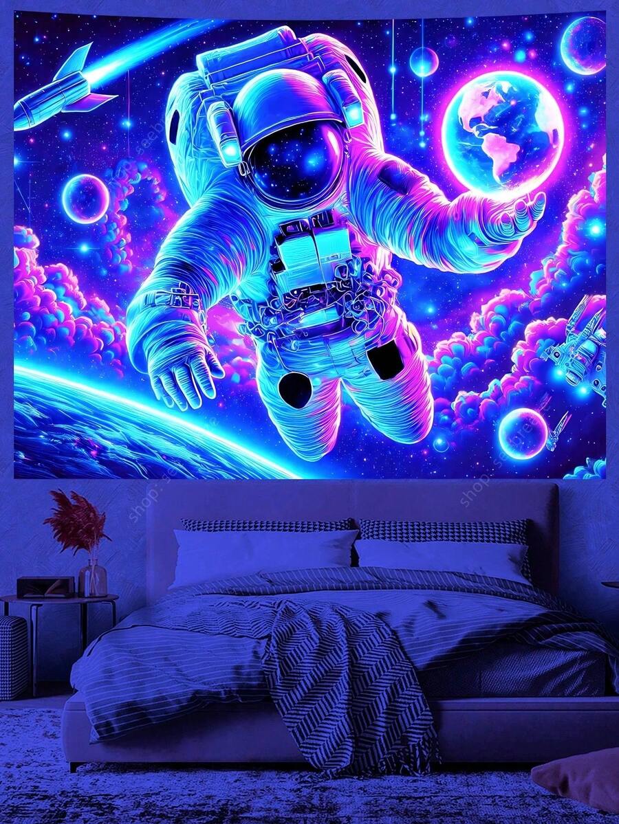 Astronaut Holding Planet In Space UV Reactive Tapestry Cosmic Exploration Wall Art For Bedroom Living Room Decor Celestial Adventure Design Perfect For Cozy Home Aesthetic And Dreamy Ambiance, Aesthetic Room Decor, Triippy Room Decor, Psyychedelic Art, Blacklight Tapestry, Glow In The Dark, Trrendy Wall Art, Indie Room Decor, Dorm Essentials, Apartment Must Haves, Cool Room Stuff, Spacecore Aesthetic, Galaxy Wall Art, Astronaut Decor, Night Sky Decor, Gamer Room Setup, Teen Room Decor, Bedroom Wall Hanging, Chill Vibes Decor, Surreal Wall Art, Dreamy Home Decor, Large Tapestry, Wall Background, Glow Party Decorations, Modern Home Decor, Wall Decoration, Celestial Wall Art, Creative Gift, Studio Wall Decor, Neon Wall Art, Fairycore Aesthetic, Magic Room Decor, Living Room Art, Home Decoration, Vibrant Home Decor, Spiritual Wall Art, Artistic Tapestry, Metta Universe Art, Cool Room Decorations, Wall Mural, Aesthetic Background - 1PC - Xem 1