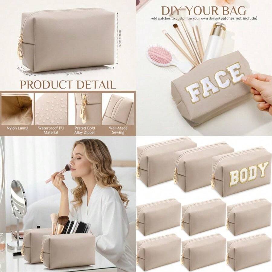 Sanwuta - 9 bolsas de maquillaje a granel de poliuretano con doble cierre bolsa de cosméticos para maquillaje artículos de cambiador de Navidad bolsa pequeña organizador de viaje portátil para - Albaricoque - Ver 1