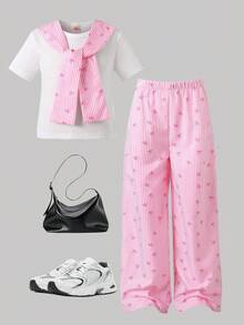 Conjunto de 3 piezas para niñas preadolescentes: Blusa de manga corta acanalada + Chal a rayas con detalle de lazo + Pantalones anchos cómodos con estampado a rayas, diseño lavable a máquina, adecuado para uso casual en primavera, verano y otoño, fiestas y vacaciones - Rosa - Ver 1