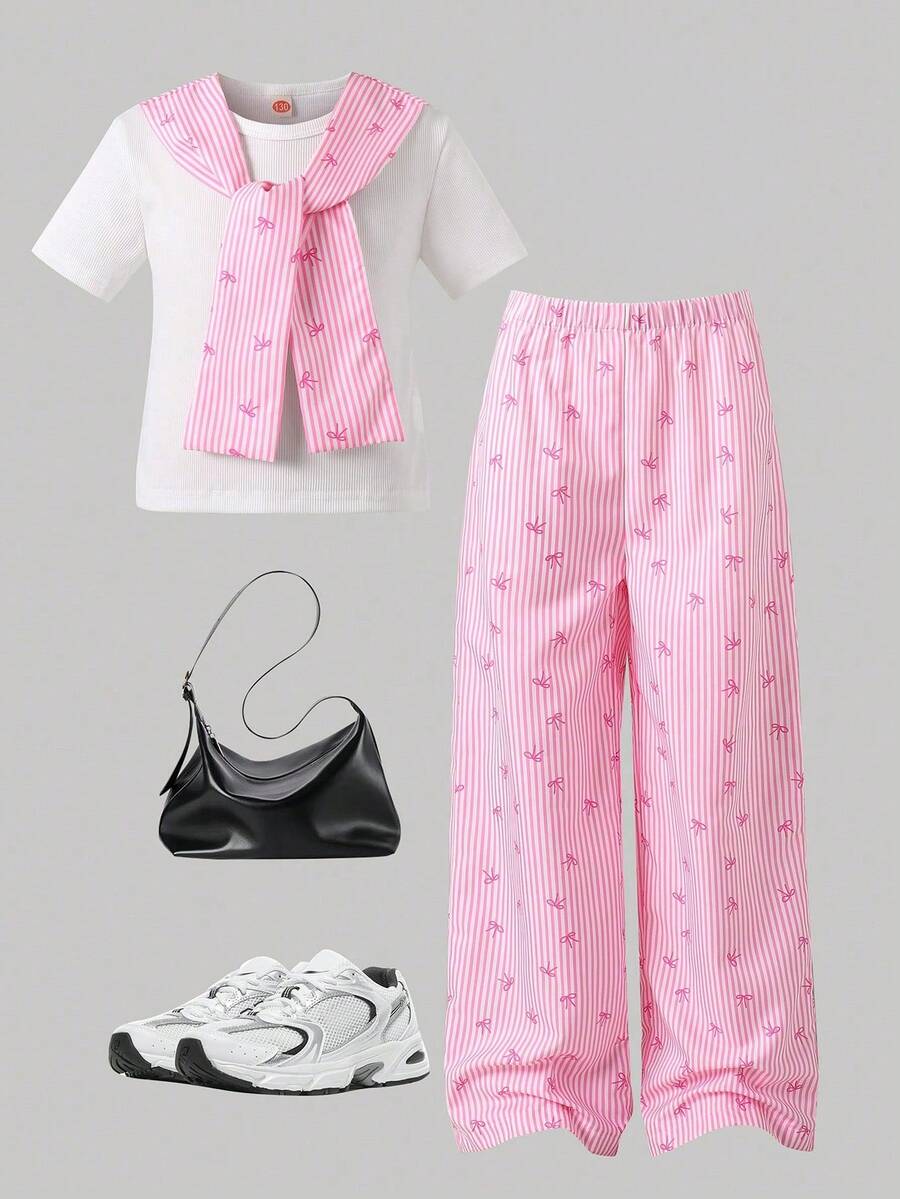 Conjunto de 3 piezas para niñas preadolescentes: Blusa de manga corta acanalada + Chal a rayas con detalle de lazo + Pantalones anchos cómodos con estampado a rayas, diseño lavable a máquina, adecuado para uso casual en primavera, verano y otoño, fiestas y vacaciones - Rosa - Ver 1