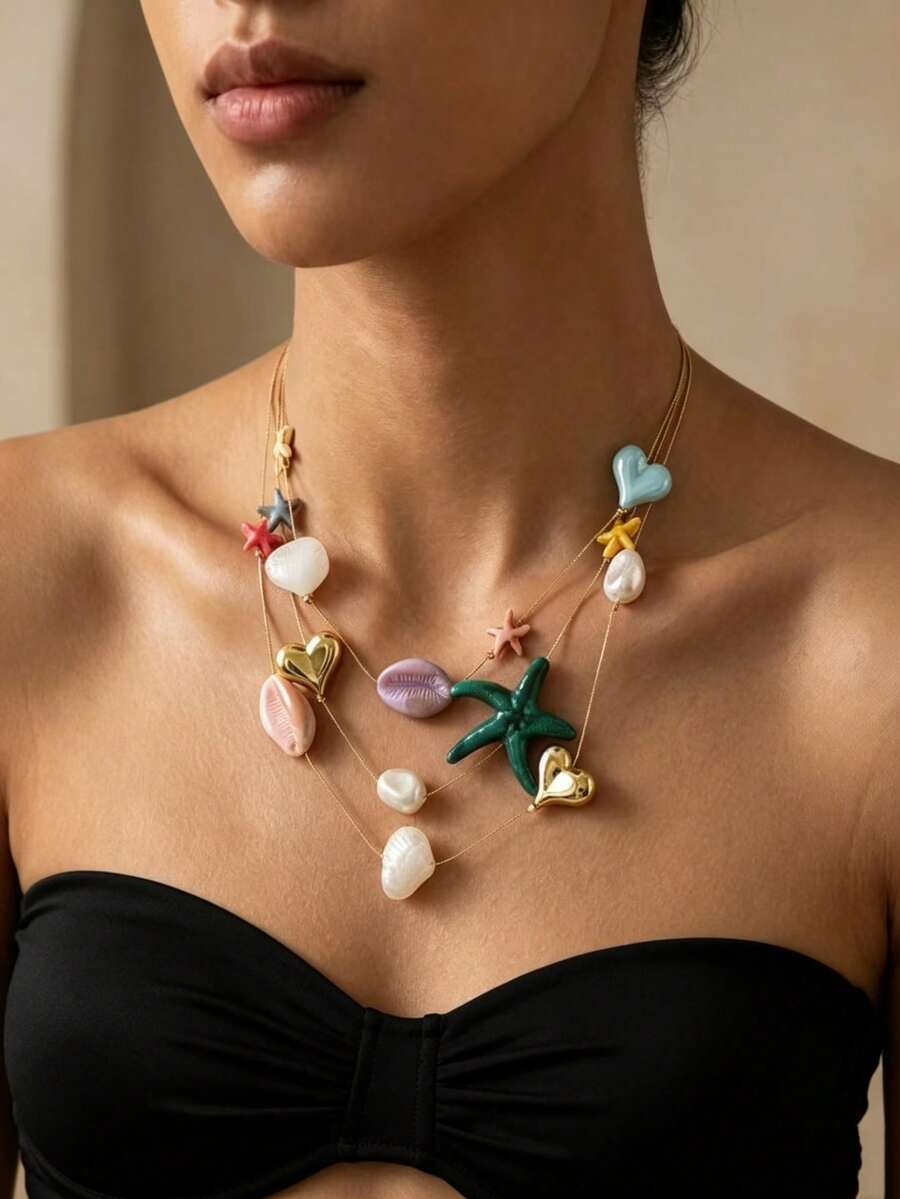 1 chiếc vòng cổ mặt dây chuyền nhiều lớp bằng nhựa hình vỏ sò, rùa và sao kiểu dáng bãi biển (Nữ) - Nhiều màu - Xem 1