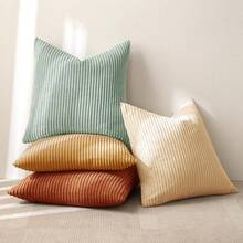 4pcs Bohemian Countryside Style Pillow Cover Set, Soft Corduroy Home Decor Cushion Covers For Sofa, Bed, Living Room In Spring, Green-Orange Ombre Series (Covers Only) - Multicolor - View 3