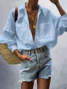 女士时尚宽松百搭优雅简约衬衫 - 藍色 - 查看 3