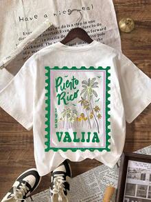 Casual Women's T-Shirt With Round Neck And Short Sleeves, Featuring A Graphic Print Of Palm And Coconut Trees, Ideal For Spring And Summer Holidays, Stylish. - White - View 2