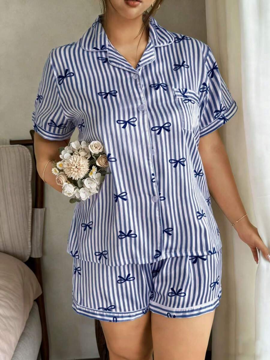 Conjunto de pijama de pantalón corto y manga corta con estampado de rayas y lazo para mujer de talla grande - Morado - Ver 1