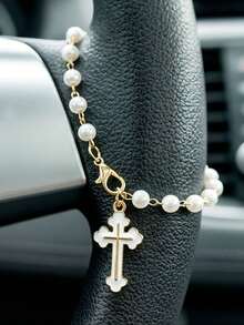 1 Piece Cross Car Steering Wheel Hanging Decoration, Metal Material, Pearl Chain Cross Car Steering Wheel Decoration,Car Hanging Ornament,Featuring A Simple And Cute Design. This Dead Car Pendant Can Serve As A Unique And Stylish Suspension Decoration For Your Vehicle - A - View 5
