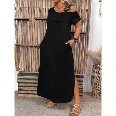 Damen Kurzarm Schulterfreies Kleid aus Viskose mit Tasche, 30961