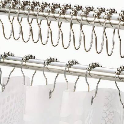 12 móc treo rèm tắm bằng thép không gỉ có vòng bi, khóa cài rèm hình quả bầu, móc treo rèm cửa bằng kim loại năm hạt.
