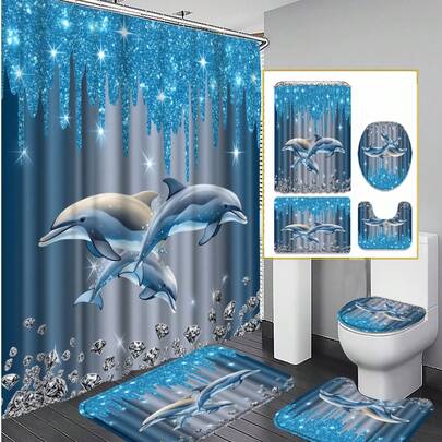 1/3/4 Piece Set Blue Diamond Glitter Dolphin Themed Shower Curtain Bathroom Set, Children's Ocean Style Bathroom Curtain, Waterproof And Wear-Resistant Bathroom Decoration And Accessories, 72in*72in,Bath Room Partition Shower Curtain.