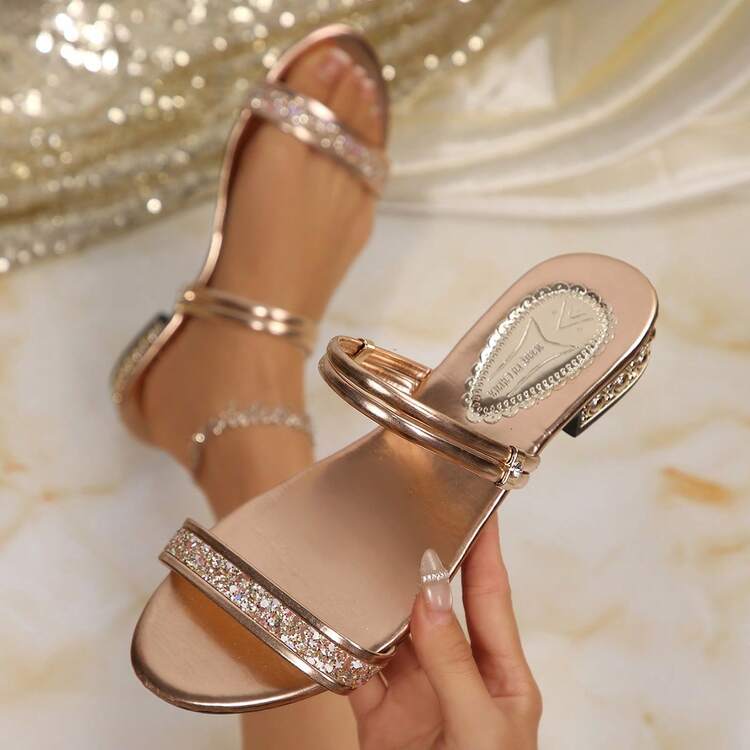 Women's New Round Toe Sandals, Chunky Heel Slippers, Fashionable Plus Size Flat Low Heel High Heel Dual Wear Sandals - Champagne - View 10
