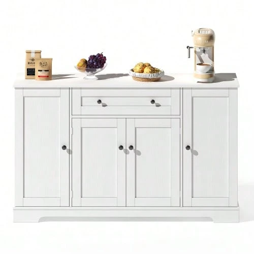 Buffet de cuisine multifonctionnel – Buffet de 138 cm avec tiroir, portes et étagères réglables – Design moderne avec dispositif anti-basculement, idéal pour la cuisine, le salon et la chambre - Blanc - Voir 1