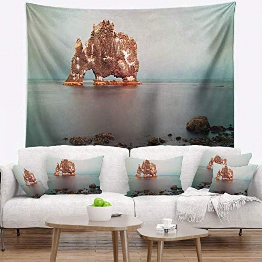 Designart 'Rock Sea Symbol in Iceland' Seashore Tapestry Blanket Décor Wall Art for Home and Office Created On Lightweight Polyester Fabric x Large: 80 in. x 68 in - como en la foto - Ver 1