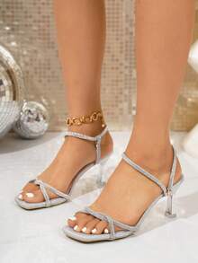 Giày sandal cao gót nữ đính đá lấp lánh, kiểu dáng đan chéo, giày hở mũi thanh lịch cho kỳ nghỉ hè và các buổi tiệc. - Bạc - Xem 2