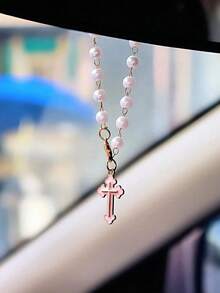 1 Piece Cross Car Steering Wheel Hanging Decoration, Metal Material, Pearl Chain Cross Car Steering Wheel Decoration,Car Hanging Ornament,Featuring A Simple And Cute Design. This Dead Car Pendant Can Serve As A Unique And Stylish Suspension Decoration For Your Vehicle - A - View 10