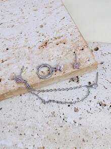 Set di 3 orecchini a fiore rosa rotondo con zirconi cubici, adatti per donne e ragazze, orecchini pendenti con catena d'argento, orecchini a perno romantici con zirconi cubici, adatti per uso quotidiano e feste - Argento-Rosa - Visualizzare 4