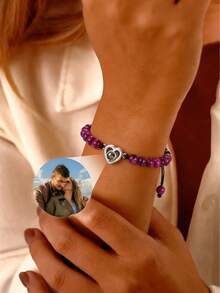 1pc Customized Natural Stone Photo Projection Bracelet, Personalized Natural Stone Projection Bracelet, Customizable Color Photo Natural Stone Bracelet, Stainless Steel Heart-Shaped Bracelet, Fashion Colorful Beaded Natural Stone Projection Bracelet, Mother's Day Customized Gift, Heart-Shaped Projection Bracelet Gift For Girlfriend, DIY Photo Jewelry, Customized Mother's Day Bracelet Jewelry, Memorial Photo Jewelry Gift For Mom, Christmas Customized Gift, Valentine's Day Gift, Memorial Photo Bracelet, Family Photo Jewelry - Custom Projection Bracelet - View 4