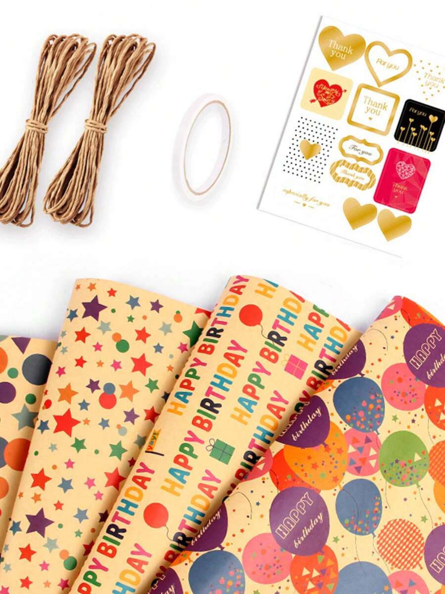 Juego de papel de regalo, accesorios de envoltura de regalo hechos a mano DIY, adecuado para cumpleaños, bodas, fiestas, regreso a la escuela, graduación, Día de la Madre, Día del Padre y envoltura de regalos festivos, estilo festivo - multicolor - Ver 1