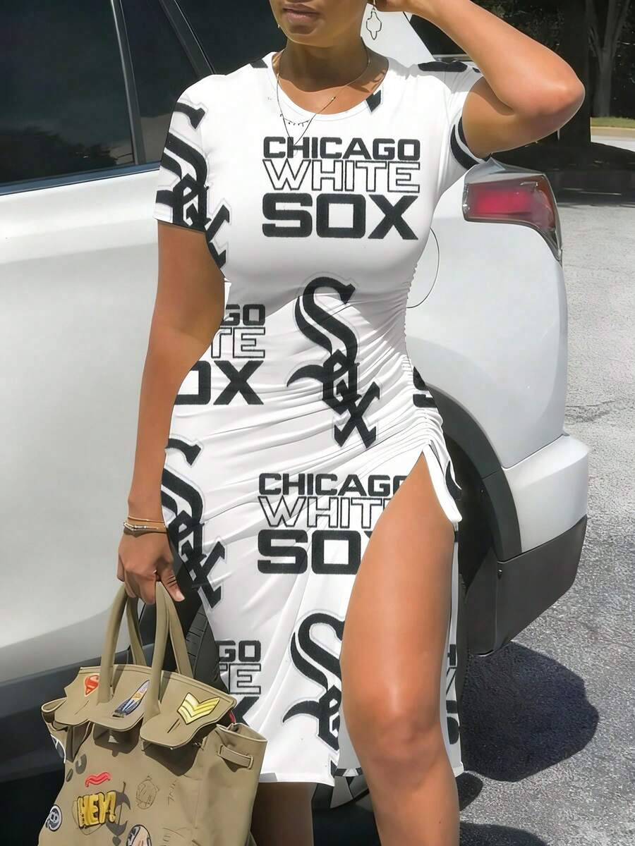 M-L-B Dress Sexy Women's Short-Sleeve Fitted Mid-Length Dress, With Slit And Ruffles, Perfect First Choice For Outdoor Pa-Rties Chicago White Sox Logo Pattern - Nhiều màu - Xem 1