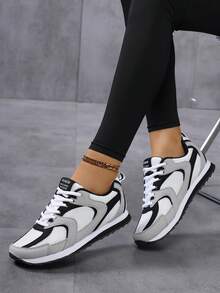 Women's Retro Round Toe Lace-Up Soft Bottom Comfortable Casual Sneakers, Breathable Everyday Running Shoes, Solid Color - Gray, White and Black - View 6